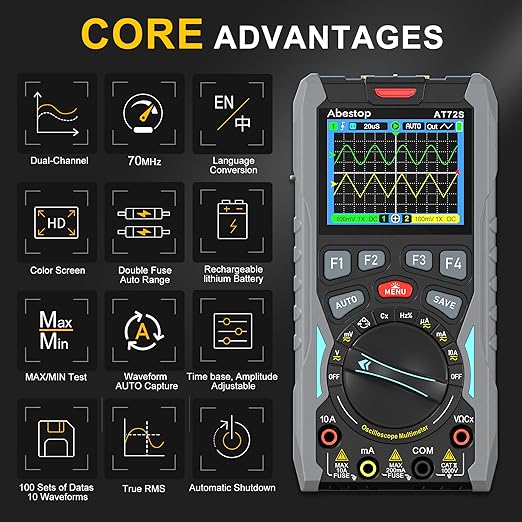 70MHz Bandwdith Digital Oscilloscope Multimeter, Dual Channel AT72S Abestop Oscillograph, 3 in 1 Functions with Digital Multimeter Signal Generator