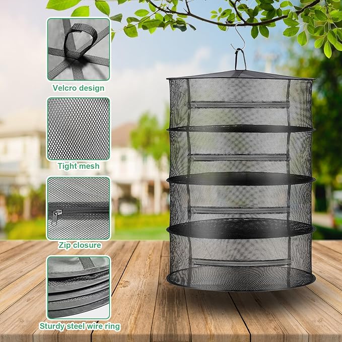 Herb Drying Rack Net Mesh with Black Zippers Hydroponics, Bonus Hook Scissor Drying Rack 2ft for Plant Bud Seed, Mesh Hanging Plant Dry, Herb Dry Net for Garden (4 L, Black Zipper)