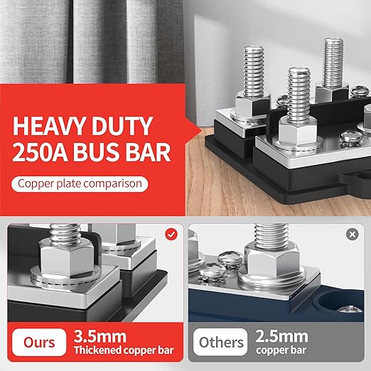 250A Dual Row Bus Bar 12V Power Distribution Block 8 x 3/8" Terminal Stud, 6 x #8 Screw Terminals Positive & Ground Battery Bus Bar