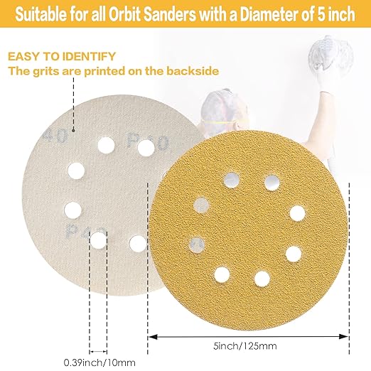 100PCS 5 Inch 8 Hole Sanding Discs 180 Grit,Gold Round Hook and Loop Sandpaper for Random Orbital Sander