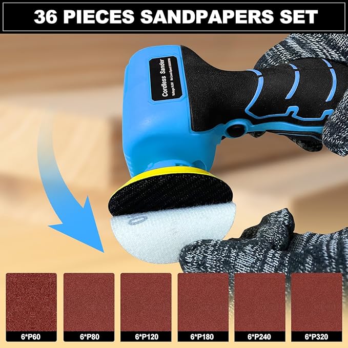 16.8V Cordless Electric Sander with 36PCS Sandpapers, 3500 RPM, 2Pcs 3.0Ah Batteries, Lightweight & Compact Design for Wood, Metal, Paint Removal, and DIY Projects