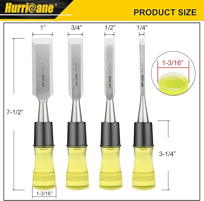 HURRICANE 4 Piece Wood Chisel Set for Woodworking. CR-V Steel Beveled Edge Blades with Safety Caps. Extra Large Grip, Impact-Resistant PVC Handle Chisels (1/4", 1/2", 3/4", 1")