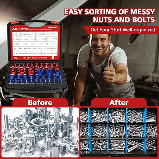 46Pcs Thread Checker, Nut and Bolt Thread Checker Standard and Metric, 24 Inch & 22 Metric Thread Gauge Kit, Suitable for Nut Bolt Size Finder and identifier in Narrow and Tricky Area