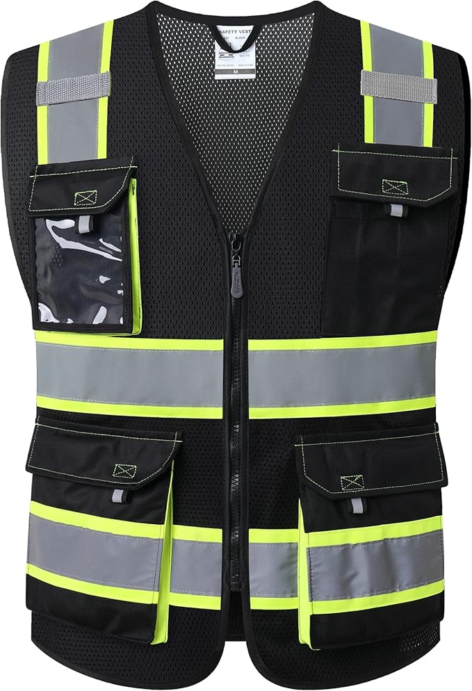 JKSafety Hi Vis Reflective Safety Vests for Men Women High Visibility Vest with Pockets Mesh Fabric Construction Safety Apparel Neon Vest for Work (220-Black 4XL)