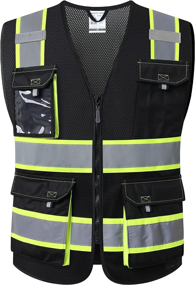 JKSafety Hi Vis Reflective Safety Vests for Men Women High Visibility Vest with Pockets Mesh Fabric Construction Safety Apparel Neon Vest for Work (220-Black 3XL)