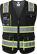 JKSafety Hi Vis Reflective Safety Vests for Men Women High Visibility Vest with Pockets Mesh Fabric Construction Safety Apparel Neon Vest for Work (220-Black 5XL)
