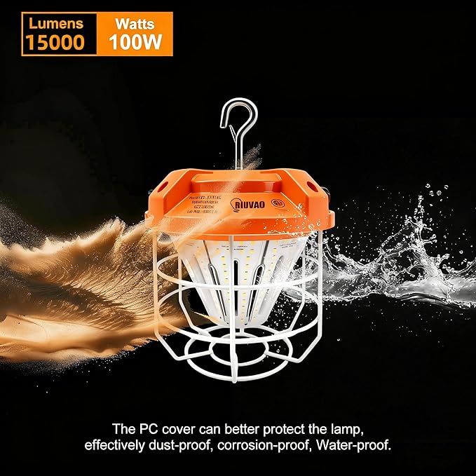 LED Temporary Work Light 100W15000Lm, 5000K Daylight White, Portable High Bay Light with Hook, Indoor Outdoor Area Lighting