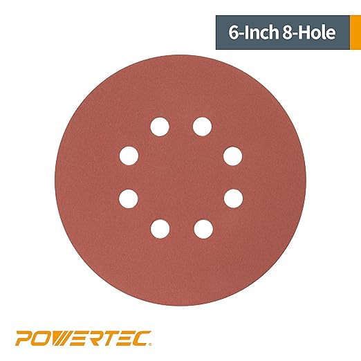 POWERTEC 45101, 90 Pack, 6"x 8 Holes, A/O Hook & Loop Sanding Disc | 60 80 120 180 240 320, Assorted Grits, Red