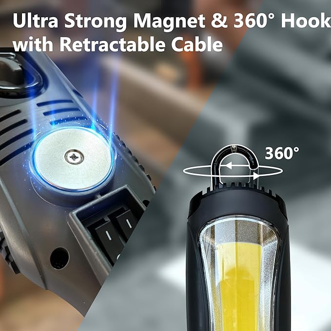 Portable Corded LED Work Light with Outlet in Handle, COB LED, 3000 Lumen 25ft 16AWG 3C SJTOW Cord Handheld Work Light, Strong Magnet, Swivel Hook for Mechanic, Garage, Workshop, Car Repair