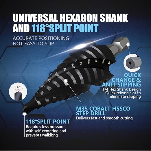 GSTK Pro Max 3PCS Four Spiral Flute Cobalt Unibit Step Drill bit, Impact Ready, for Metal, Stainless Steel, Aluminum, Wood, Plastic with 1/4" Hex Shank