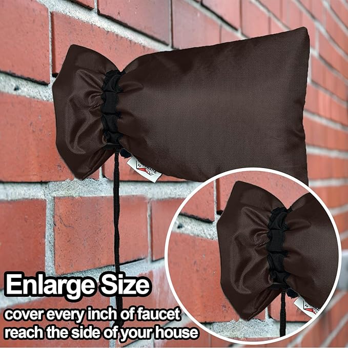 Enlarge Outdoor Faucet Cover for Winter Freeze Protection, 3M Thinsulate, 10"H x 6.3"W Hose Bib Covers for Wall Taps Outside, Waterproof & Frost Free Insulated Spigot Cover, 2 Pcs Faucet Socks - Brown