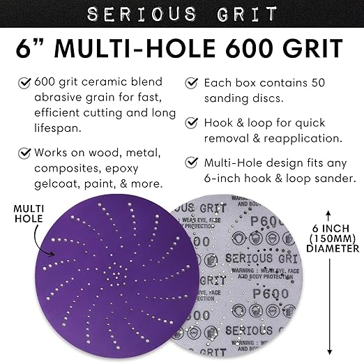 6-Inch 600 Grit Ceramic Multi-Hole Hook & Loop Sanding Discs - Advanced Grain for Fast Cutting & Long Life - Film-Backed Universal Fit Sandpaper for 6-in Sanders - 50 Pack Box