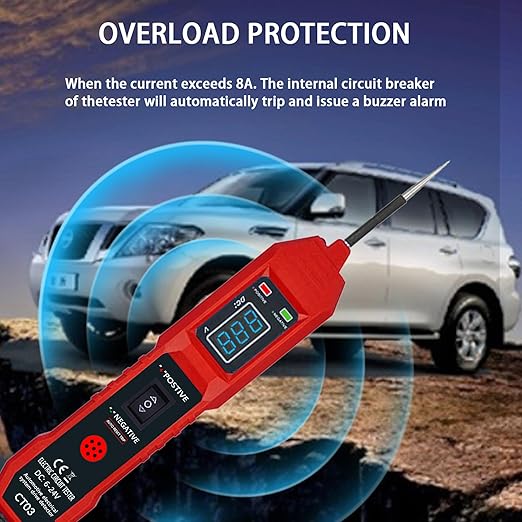 CT03 Power Circuit Tester, 6-24V DC Test Light Short Circuit, Automotive Component Electrical Polarity Identify Continuity Tester, Overload Protection