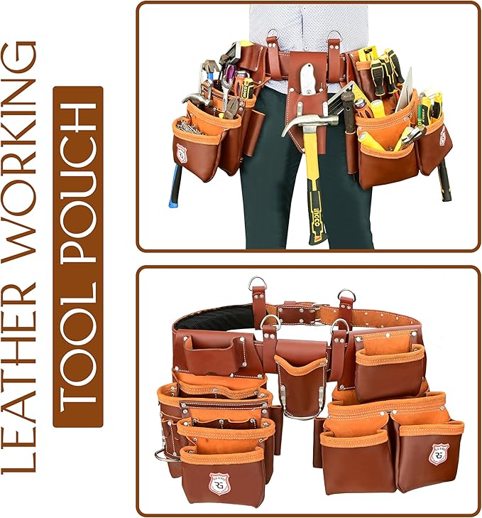 Leather Tool Belt with Adjustable Hook - Premium Heavy Duty Tool Belts for Men with 22 Multi-Purpose Pocket Tool Pouch (Maroon, Standard), RG-004