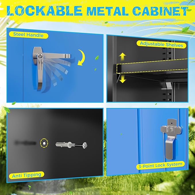 Pataku Metal Storage Cabinet, 72" Garage Cabinet with Doors and Shelves Lockable Steel Multifunctional Cabinets, File Cabinets for Home, Office, Warehouse(Black Blue)