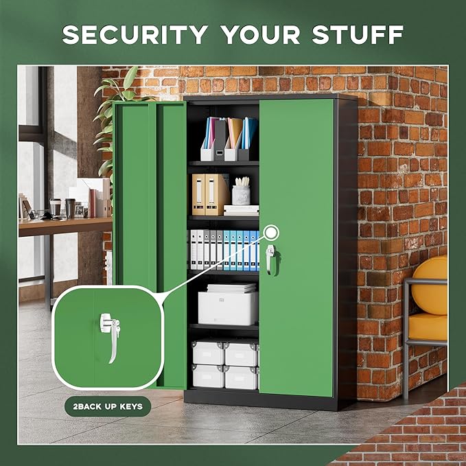 Greenvelly Metal Garage Storage Cabinet, 72" Black Green Tool Steel Locking Cabinet with Doors and 4 Shelves, Tall Cabinets for Garage Storage Systems Lockable File Cabinet for Home Office,Garage