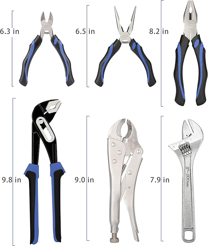 6-Piece Home Maintenance Tool Kit for Men, Including Groove Joint, Long Nose, Diagonal Cutting, Locking Pliers, Adjustable Wrench and Linesman Pliers, with Storage Pouch