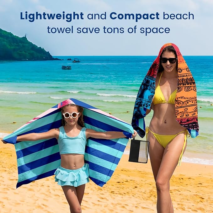2 Pack Microfiber Beach Towel Oversized 71"x32" Sand Free Quick Dry Absorbent Lightweight Thin , Compact Towels for Travel Swimming Pool Yoga Gym Camping Beach Accessories Vacation Essentials Gift