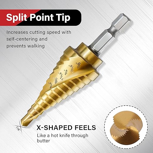 3PC Step Drill Bit Set, 1/4" Hex Shank High-Speed Steel Spiral Grooved Step Drill Bit for Sheet Aluminium Metal Wood Hole Drilling, 31 Step Sizes Taper Drill bit Set for DIY Lovers