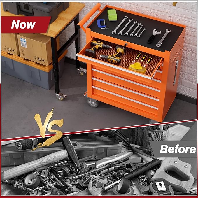 Rolling Tool Chest with Drawers, 7 Drawers Tool Chests & Cabinets, Metal Toolbox with Wheels, Lockable Storage Cabinet, Garage Tool Box with Drawers (Orange, 7 Drawers)