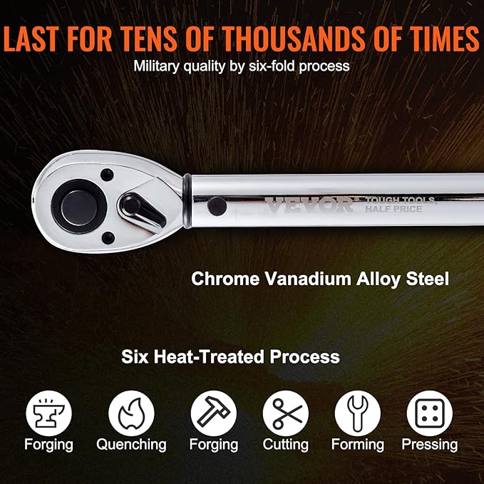 VEVOR 1/2-inch Drive Click Torque Wrench 25-250ft.lb/34-340n.m, Dual-Direction Adjustable Torque Wrench Set, Mechanical Dual Range Scales Torque Wrench Kit with Adapters Extension Rod