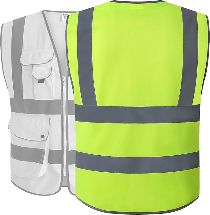 JKSafety 9 Pockets Class 2 High Visibility Zipper Front 6 Pack Safety Vest With Reflective Strips,Meets ANSI/ISEA Standard （155 Yellow XXL