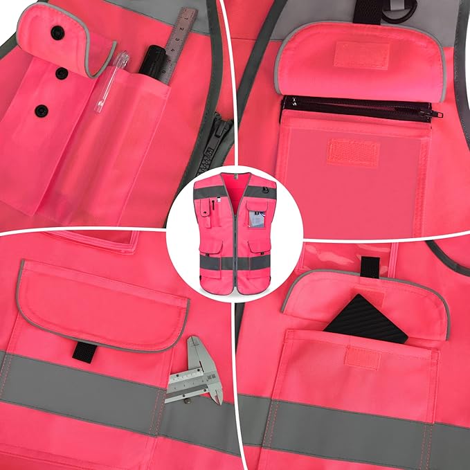 TCCFCCT Pink Safety Vest for Men Women 9 Pockets High Visibility Reflective Vest for Safety, Work Vest with Reflective Strips, Meets ANSI/ISEA Standards, Medium