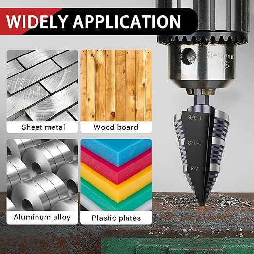 1/4 to 1-3/8 Inch Step Drill Bit, M2 High-Speed Steel Double Fluted Drill bits, Straight Grooved Step Drill Bit for Hole Drilling in Stainless Steel, Copper, Aluminum, Wood, Plastic