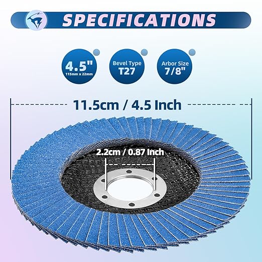 50 Pack Flap Discs 4 1/2" x 7/8" for Angle Grinder, 40/60/80/100/120 Grit T27 Flap Sanding Discs, 4 1/2 Inch Grinding Wheels, Zirconia Grinding Discs for Metal, Wood, and Stainless Steel Finishing