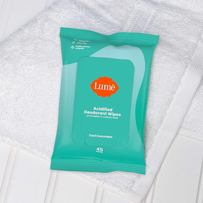 Lume Acidified Deodorant Wipes - 24 Hour Odor Control - Aluminum Free, Baking Soda Free, Skin Loving - 45 Count (Pack of 2) (Cool Cucumber)