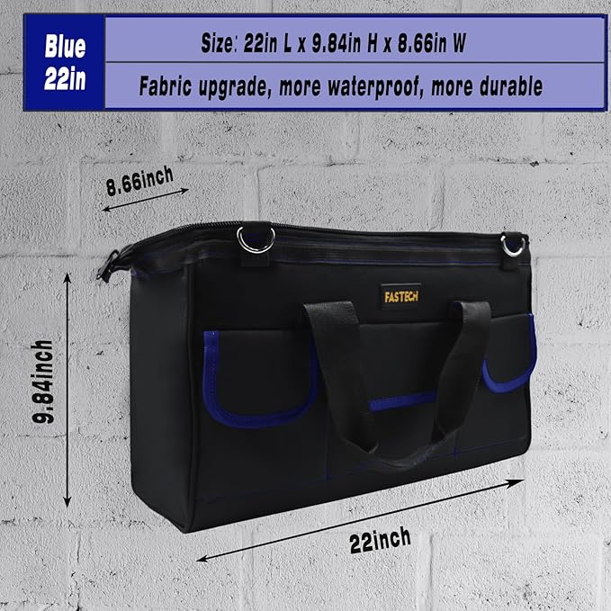 22 Inch Tools Bag, Waterproof Wide Mouth Tool Kit, Tools Big Bag, Heavy Duty Tool Tote Organizer With Adjustable Shoulder Strap For Men/Women (22IN Blue)