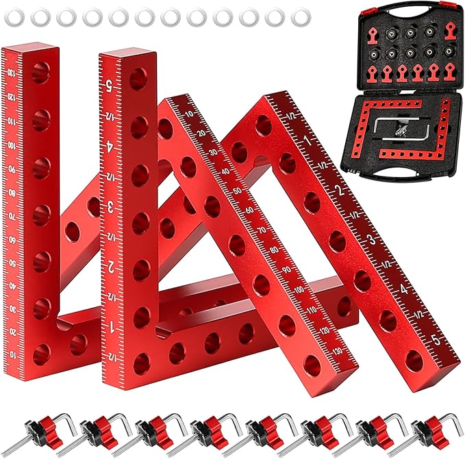 90 Degree Corner Clamp for Woodworking, 4Pack 5.5" x 5.5" Aluminum Alloy Precision Positioning Clamping Squares with 12pcs Gasket, for Picture Frames Boxes Cabinets Drawers,with Strong Box