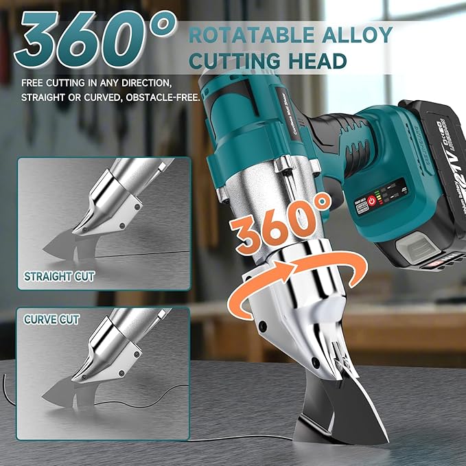 Cordless Sheet Metal Cutter, Metal Cutting Shears with 2×4.0Ah Battery, 360° Pivoting Head Brushless Variable Speed Electric Metal Shears Tool for Cutting Stainless Steel & Iron & Cardboard