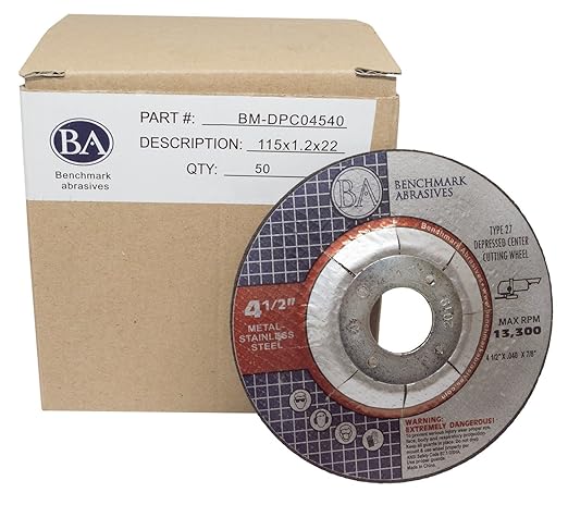 Benchmark Abrasives Grinder Cut Off Wheels 4 1/2 Inch Aluminum Oxide Depressed Center Thin Type 1 for Metals, .045" Thick 7/8" Arbor, Angle Grinder Cutting Disc, Grinding Cutting Wheel - 50 Pack