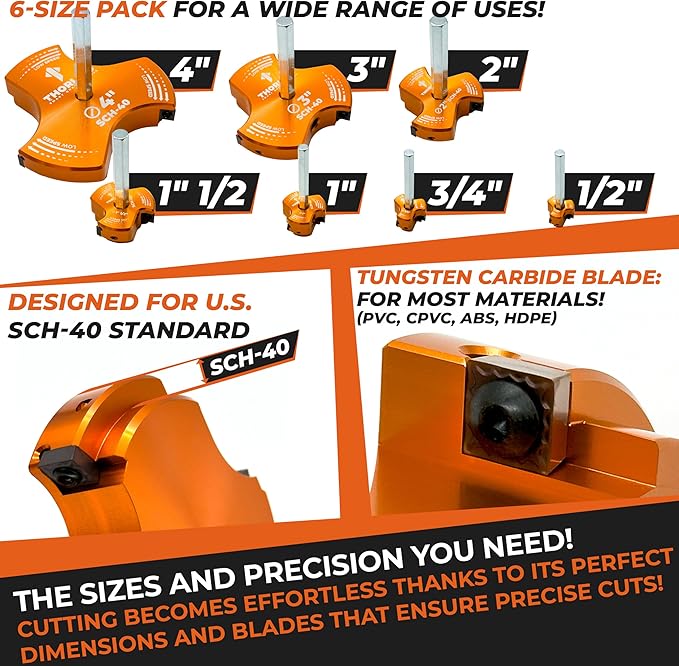 THORVALD PVC Pipe Reamer TriForce - 7 Sizes with Tungsten Carbide Blades - Video Tutorial + User Guide - 3 Blades PVC Fitting Saver for Plumbing - Tool Sizes: 1/2" ; 3/4″ ; 1″ ; 1-1/2″ ; 2″ ; 3″ ; 4″
