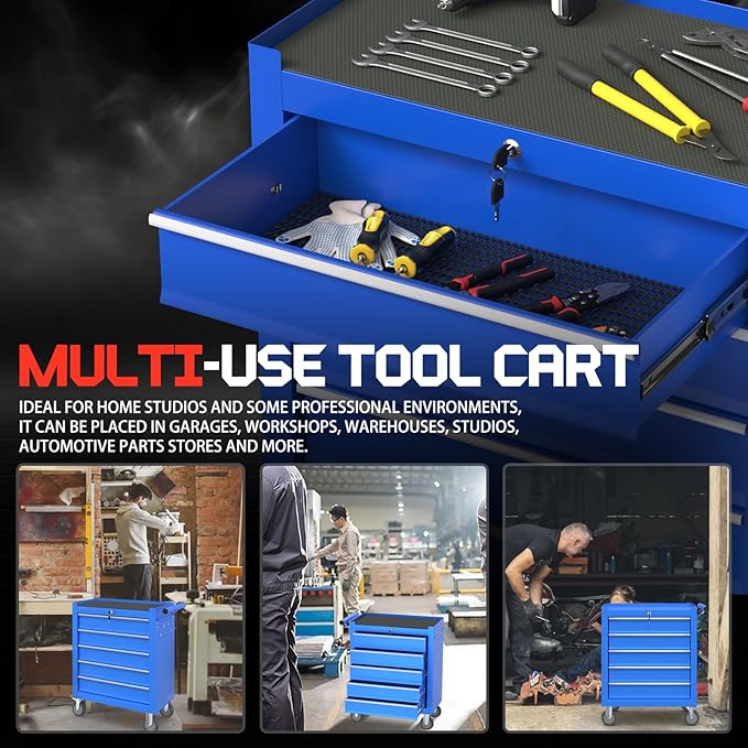 5-Drawer Rolling Tool Chest With Wheels and Locking System - Portable Metal Box for Warehouse, Garage, Repair Shop, Workshop (Blue)