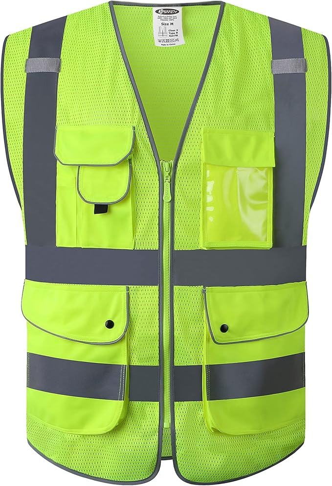 JKSafety 9 Pockets High Visibility Safety Vest for Men and Women, Hi-Vis Reflective Yellow Safety Vests with Zipper Front, Meet ANSI/ISEA Class 2 Type R(159-Yellow 5XL)
