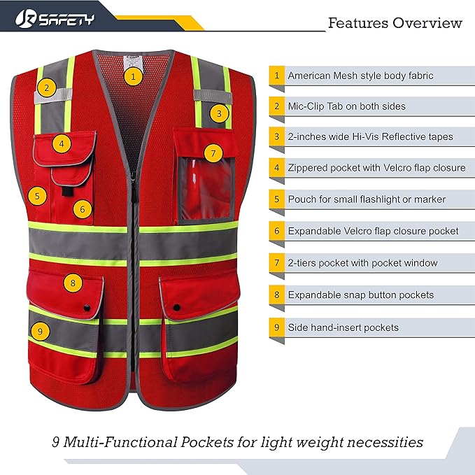 JKSafety 9 Pockets Hi-Vis Neon Red Zipper Front MESH Safety Vest with Fluorescent Yellow Extend Edge outlining the Reflective Tapes Meet ANSI/ISEA Class 2 Standard (100-Red, Large)