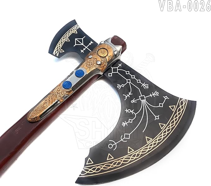 SHINY CRAFTS ® Hand-Forged Bearded Viking Axe – Inspired by Kratos Viking Axe Design Steel Hatchet with Leather Sheath & Wood Handle (VBA-26)
