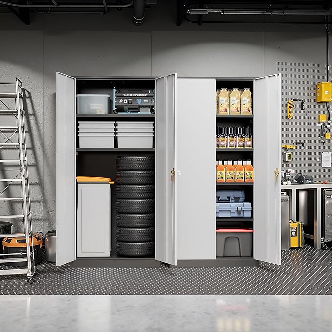 Pataku Metal Storage Cabinet, 71" Garage Cabinet with Doors and Shelves Lockable Steel Multifunctional Cabinets, File Cabinets for Home, Office, Warehouse(Black Grey)