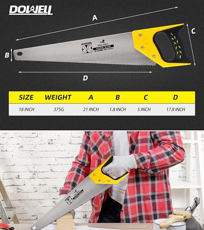 DOWELL 18-Inch Hand Saw with Comfortable Handle, 8 TPI and Made of 65 Manganese Steel - Ideal for Woodworking, Pruning, and Cutting - Includes Protective Cover