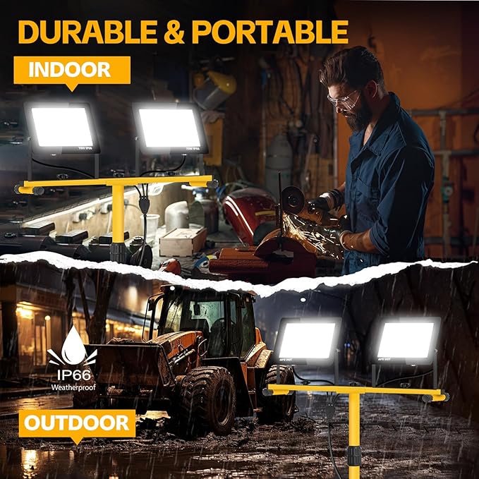 Work Lights with Stand, 21000 Lumen, 2 Adjustable Heads LED Work Lights, with Adjustable and Foldable Tripod Stand, Waterproof Lamp with Individual Switch with 6500 Kelvin Color Temperature (2-Heads)