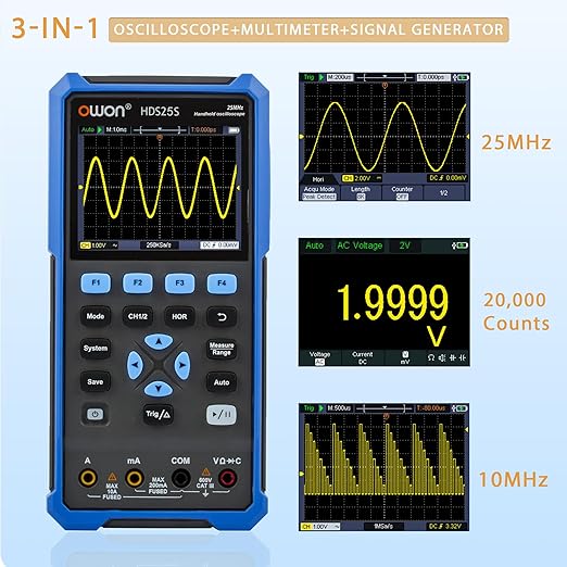 OWON Oscilloscope Multimeter, OWON HDS25S Dual Channel Handheld Oscilloscope with 10MHz Waveform Generator with 250 MSa/s Sample Rate for Multi Tester