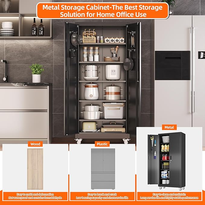 71" Metal Storage Cabinet with Wheels and Pegboard, Lockable Rolling Steel Storage Cabinet with 5 Adjustable Shelves and Door for Garage, Office, Kitchen, Assembly Required,Black