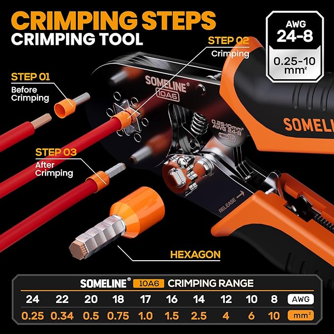SOMELINE Ferrule Hexagonal Crimping Tool Kit, 36 Sizes Ferrules, AWG 24-8 Ferrule Crimper, with Hexagonal Crimper and Automatic Wire Stripper, Ferrule Terminal Assortment Kit (Stackable Tool Box)
