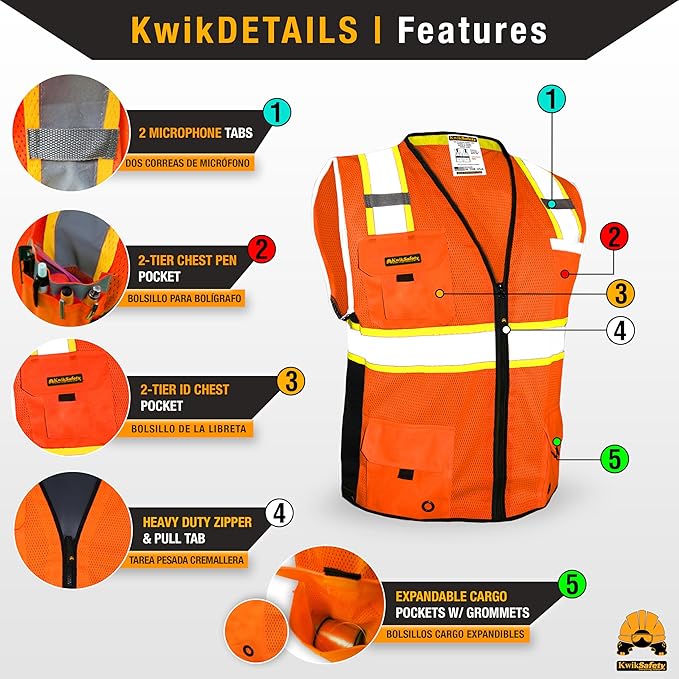 KwikSafety - Charlotte, NC - BIG KAHUNA Safety Vest [2 PACK] Class 2 ANSI OSHA Reflective Vest Durable High Visibility Vest Construction Safety Vest for Men Industrial Work Gear/Orange Medium