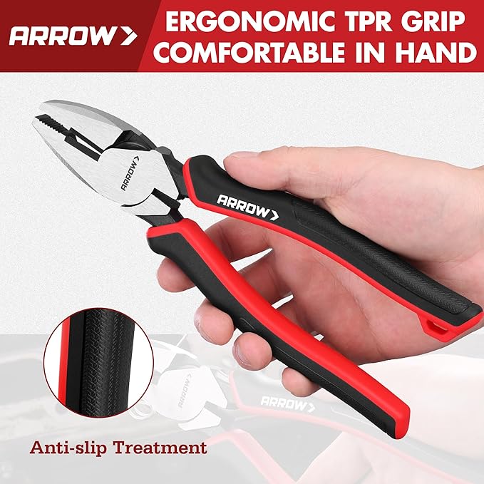 ARROW Linesman Pliers, 8-inch High Leverage Diagonal Pliers Tool with Comfortable TPR Handle, High Carbon Steel, Wire Cutter for Electric and Daily Use