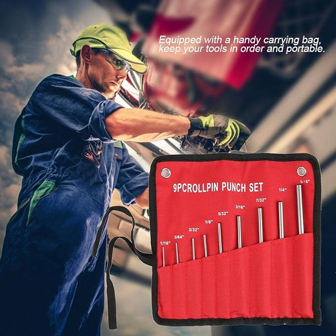 9pcs Steel Roll Pin Punch Set Mechanics Professional Removing Repair Tool with Carrying Bag for Automotive Watch Repair Jewelry and Craft Repair