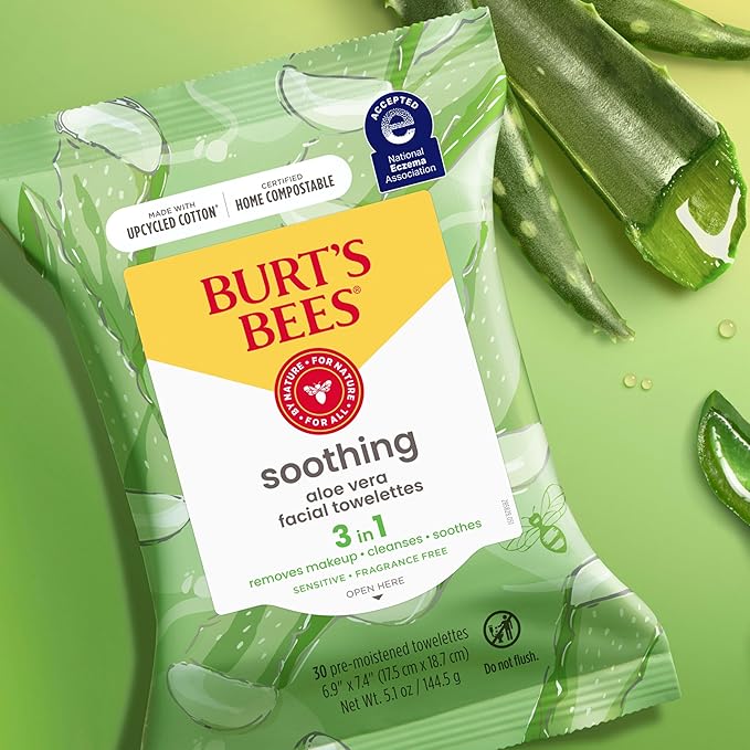 Burt's Bees Back To School Dorm Essentials, Aloe Vera Face Wipes, for Sensitive Skin, Soothing Makeup Remover & Facial Cleansing Towelettes, 30 Ct. (3-Pack)