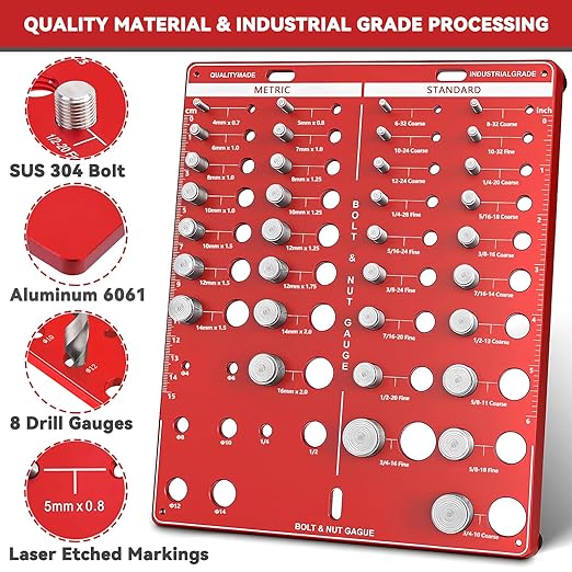 42 Nut and Bolt Thread Checker, Bolt Size and Thread Gauge, Screw Identifier Gauge with 19 Standard & 15 Metric Bolt & 8 Drill Bit Gauge, Gift for Mechanic Dad Son